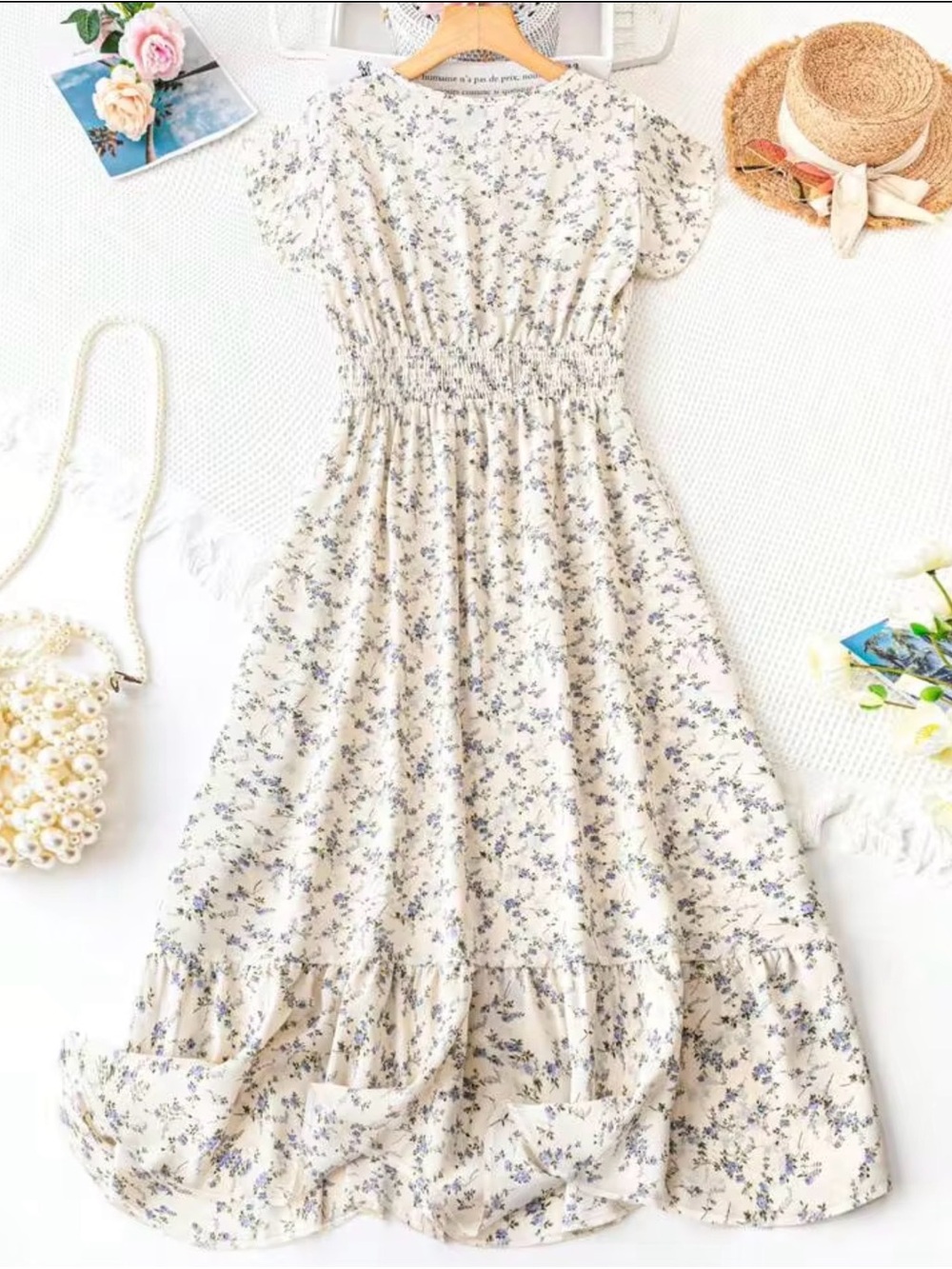 SHEIN Cream Maxi Dress with Blue Floral Print Size M - Picture 2 of 12